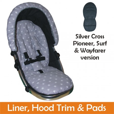 Matching Liner, Hood Trim & Harness Pads Package to fit Silver Cross Pioneer, Surf & Wayfarer Pushchairs - Silver Star Design